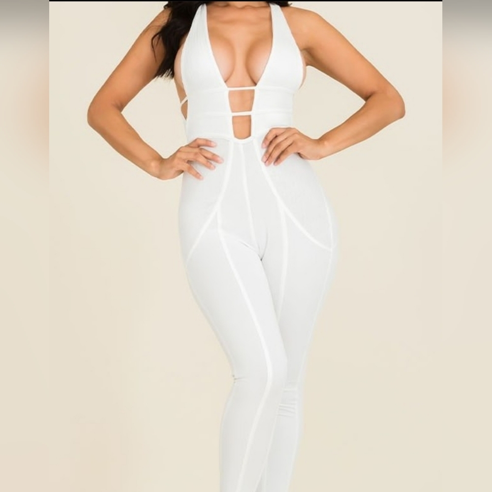Marysol.Boutique Jumpsuit Ivory Criss Cross Sleeveless Plunge Neck Women's